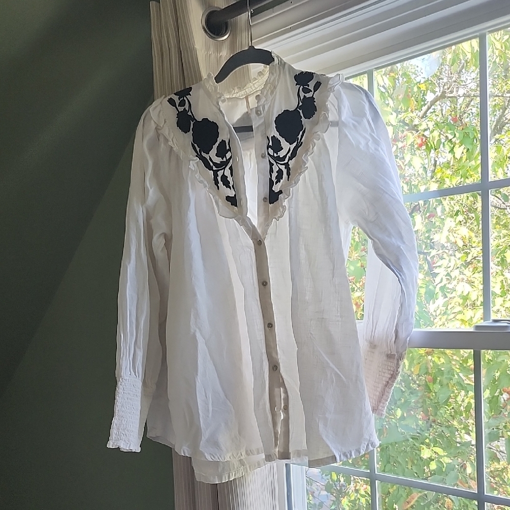 Free People White Blouse with Black Floral Detail